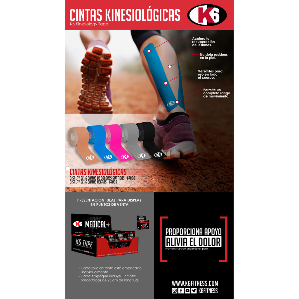 Cinta Kinesiológica Elástica Deportiva K6 Rollo 2.5m x 5cm