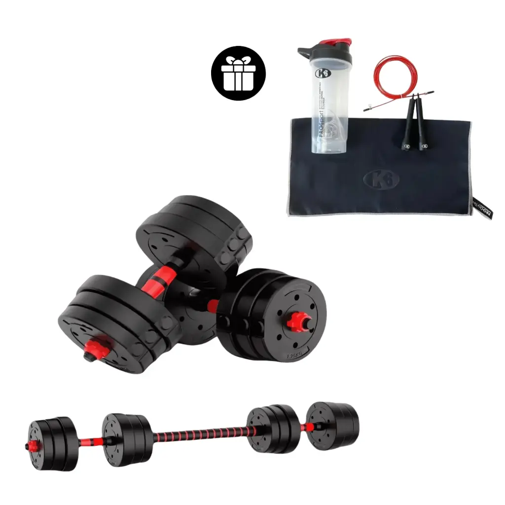 Kit Set de Mancuernas + Lazo Para Saltar + Vaso Mezclador + Toalla Microfibra